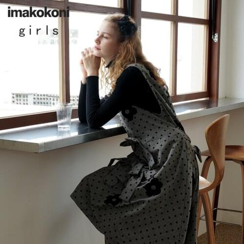 Imakokoni original Japanese design polka dot flower vest skirt bow gray dress