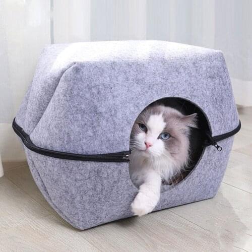 Natural Etachable Felt Cat Bed Breathable Kitty Cave Gray Animals Nest House With Cushion for Pet Supplies
