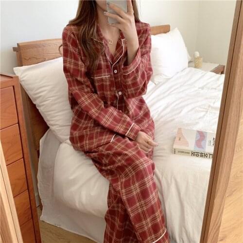 Woolen Cotton Couple Pajamas Fashion Plaid Cardigan Long Sleeve Home Wear Casual Mens and Womens Suits Sleepwear