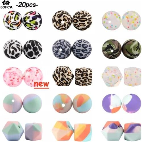 LOFCA 20pcs Tie dye leopard Terrazzo Dalmatian camo Silicone Loose Beads Teething Beads DIY Chewable Baby Safe Teether Round