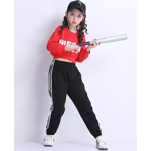 Girl Hip Hop Jazz Dance Costume Girls Street Dance Clothing Kids Red Long Sleeved Tops Black Pants Contemporary Dance Costumes