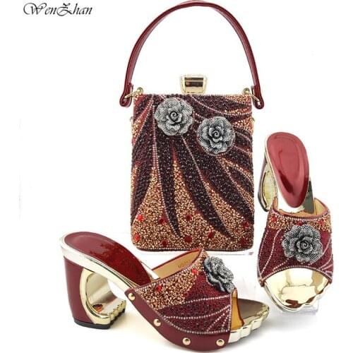 Wine Color Italian Women Shoes and Bag to Match Nigerian Lady Shoes Matching Bag Set with Shinning Stones 38-43 WENZHAN B912-17