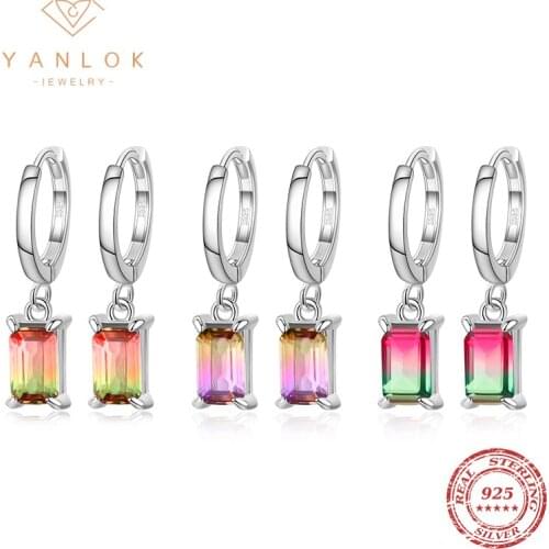 YANLOK 925 Sterling Silver Luxury Candy Rainbow Color Tourmaline Hoops Earring For Women Wedding Party Jewelry Anniversary Gift