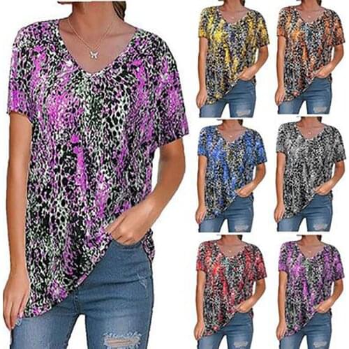 Summer Plus Size Loose Tunic Tops Womens Leopard Printed V-neck Short Sleeve T Shirt Tee Shirt Femme Camisetas Mujer T-shirts