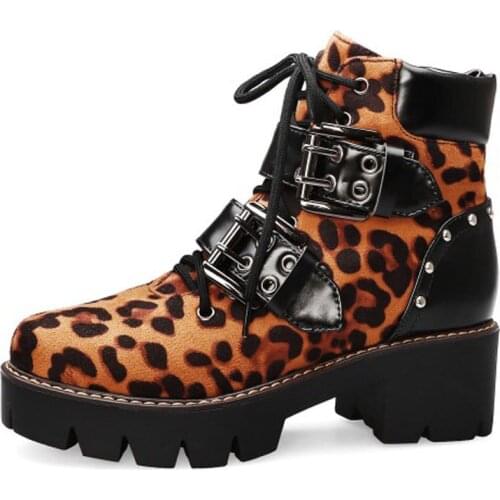 Womens Ankle Boots Round Toe Leopard Buckles Lace Up Platform Shoes High Heels Motorcycle Big Size 43 M2