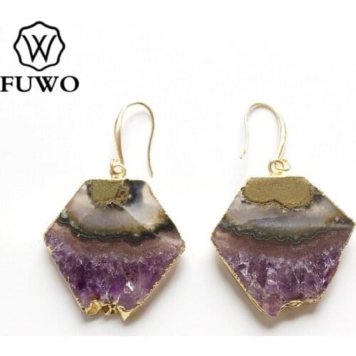 FUWO Trendy Women Natural slice Purple Crystal Quartz Earrings Genuine Gold Electroplated Amethysts Jewelry For Women ER043
