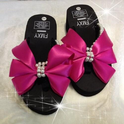 Boho Style Custom Fashion Pearl Bow Knot Platform Flip Flops Summer Fashion Slope With Ladies High-Heeled Beach Shoes