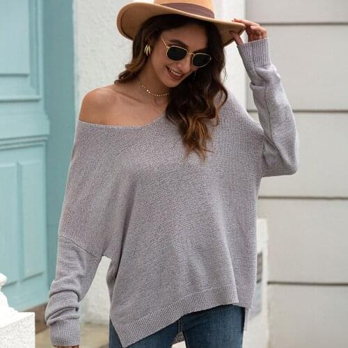 Womens solid elegant sweaters v-neck loose oversize office ladies' knitted tops split edge basic sweaters for girls autumn