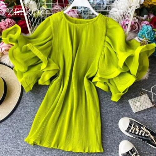 2021 Summer Woman O-neck Pleated Elasticity Cascading Ruffles Short Slevee Mini Dress for Women Female Streetwear Midi Blouses
