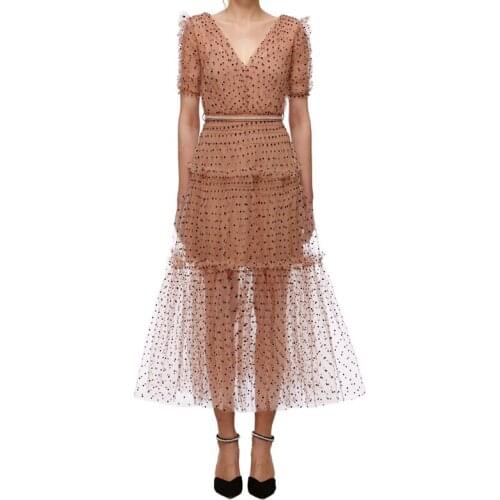 Menahem 2021 Summer Runway Patchwork Double V-Neck V Back Polka Dot Lace Mesh Dress Women Puff Sleeve Draped Pleated Midi Dress
