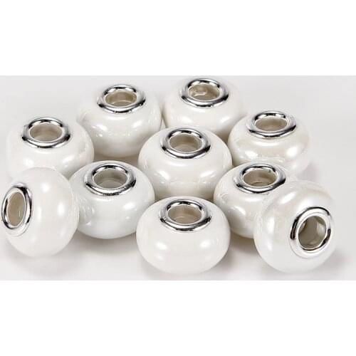 10Pcs New White Color Glossy Ceramic Big Hole Glass Murano Glass Beads Fit Pandora Bracelet DIY Necklace for Jewelry Making Kit