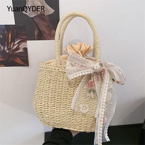 2021 Summer New Ladies Straw Woven Bag Fashion Ribbon Design Womens Handbag Woven Design Women Mobile Phone Bags Bolso Mujer