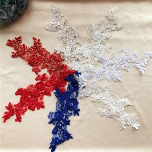 2Pairs White Bone Line Embroidery Sequin Patch Red Baby Blue Flower Wedding Tiara Handmade DIY Bride