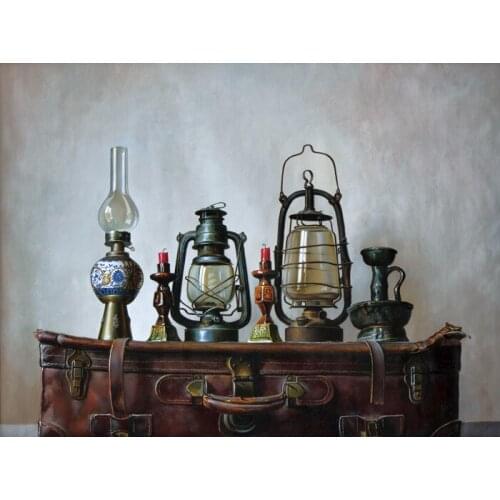 Free shipping retro oil lamps oil painting still life leather suitcase canvas printings on canvas wall art decoration picture