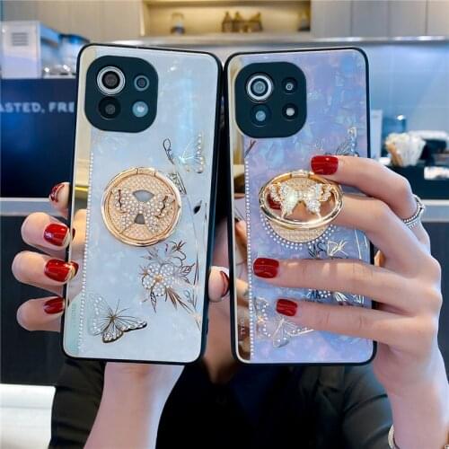 Glitter Butterfly Phone Case for Xiaomi Mi 11 Pro Soft TPU Bling Daimond Back Cove for Xiaomi Mi 11 Metal Ring Armor coque Funda