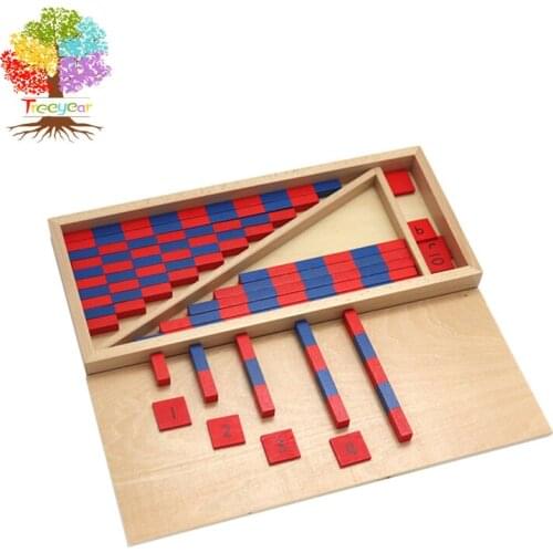 Treeyear Montessori Mathematics Material - Small Numerical Rods with Number Tiles Blue Red Color Wooden Box for Preschool Kids