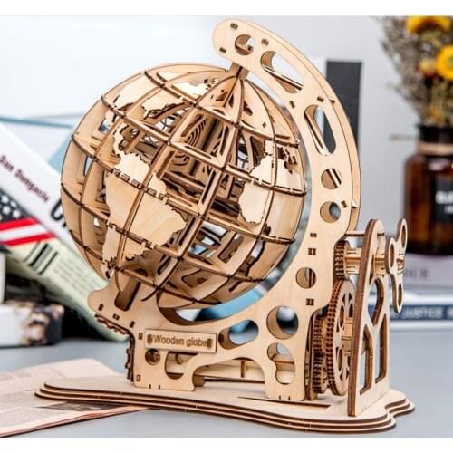 Wooden Globe Puzzle 3D DIY Mechanical Drive Model Transmission Gear Rotate Assembling Puzzles Home Office Decoration Toys Adults