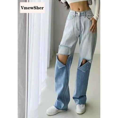 VmewSher New Hole High Waist Loose Gradient Jeans Women Fashion Casual Straight Pants Chic Color Block Washed Vintage Trousers