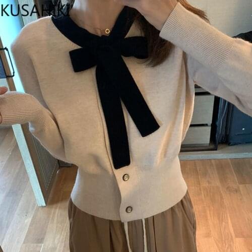 KUSAHIKI 2021 Spring New Women Sweater Coat Korean Hit Color Bow Tie O-neck Kintted Cardigan Long Sleeve Elegant Knitwear 6E552