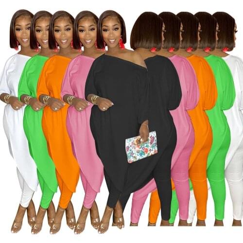 Cutubly Girls Pants Set Casual Skew Collar 2 Piece Set Fashion Summer Solid Skinny Pants And Long T-shirt Top Women Set