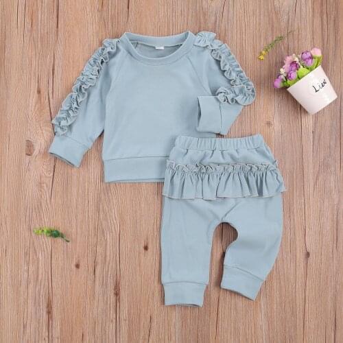 Newborn Fashion 2-piece Outfit Set Solid Color Long Sleeve Ruffle T shirt Top+Long Pants Set for Kids Girls