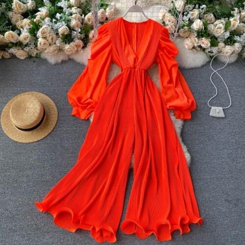 Trendy Street Style V-neck Puffy Sleeve Pleated Chiffon Wide Leg Jumpsuit Women Popular Chic Ruffled Jumpsuit TN097