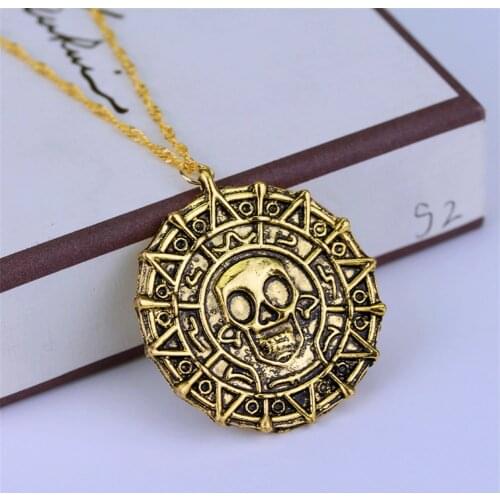 Charm Necklace Pirates Of The Caribbean Necklace Jack Sparrow Aztec Skeleton Skull Heads Pendant Coin Medallion Vintage Jewelry