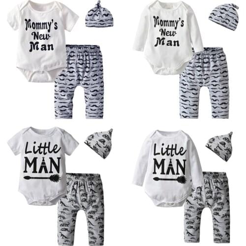 Newborn Baby Boys Clothes 3 Pcs Set Cotton Mommys New Man Romper Tops Moustache Print Pants and Hat Infant Clothing Outfits