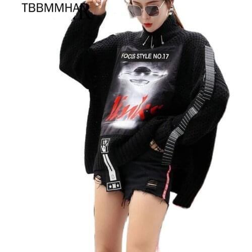 Autumn Fashion High Neck Black Sweater Women Loose Plus Size Letters Printed 2021 Chic Trend Pullover Knitted Sweater Pin Tops