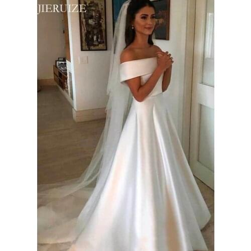 JIERUIZE White Satin Simple Wedding Dresses Off The Shoulder Cheap Wedding Gowns Bride Dresses robe de soiree
