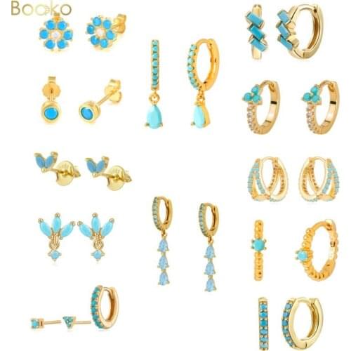 BOAKO 925 Sterling Silver Hoop Earring Korean Romantic Turquoise Earring For Anniversary Day Crystal Jewerly Piercing Pendientes