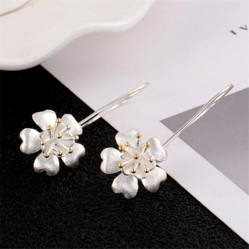 Trendy Ethnic Flower Ear Hooks Earrings for Women Literary Elegant Jewelry Mujer Bijoux Ladies Gifts 925 Sterling Silver SE114