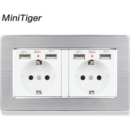 Minitiger 2 Gang Russia Spain EU Standard Wall Socket With 4 USB Charge Port Hidden Soft LED Stainless Steel Brushed Panel