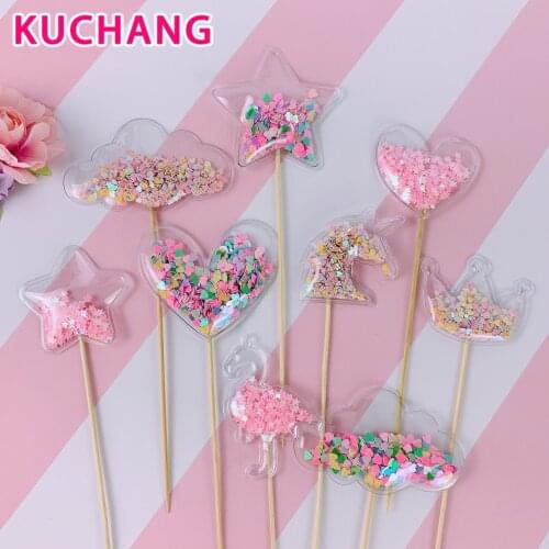 3pcs Bling Fairy PVC Unicorn Love Crown Cloud Shiny Flamingo Cupcake Topper For Wedding Birthday Party Cake Decorations Supplies
