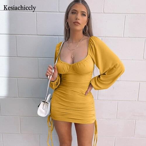 Kesiachiccly Spring Summer Party Dress Long Sleeve Mini Bodycon Holiday Dress Draped Deep V Neck Club Sexy Short Dress Women