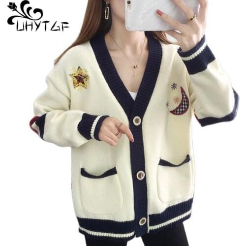 UHYTGF Spring Autum Sweater Jacket Cardigan Women Long-Sleeved Single-Breasted Knit Short Coat Student Casual Thin Sweaters 1801