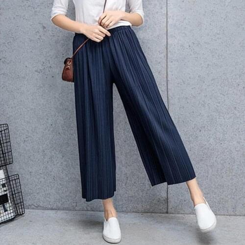Women Solid Color Trousers Elastic Waistband Pleated Wide Leg Cropped Pants Trousers Thin Simple Loose Straight Women Trousers