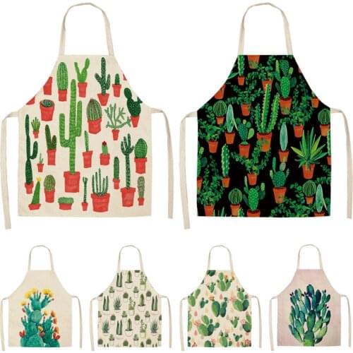 Cactus Pattern Kitchen Apron for Woman Sleeveless Cotton Linen Aprons Home Cooking Baking Bibs Cleaning Tools barber apron