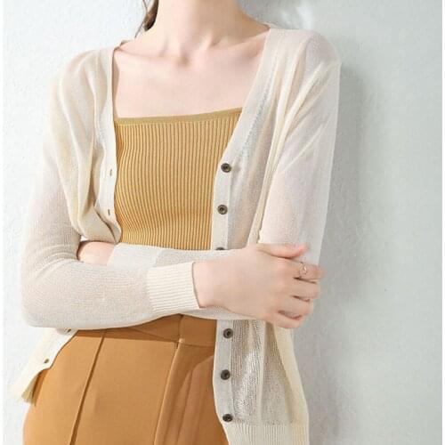 Summer Silk Knitted Cardigan Short Coat Women Plus Size Thin Casual Long Sleeve Single-breasted Sun Protection Clothing 3XL Z320