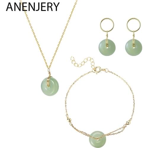 ANENJERY 925 Sterling Silver 3-piece Jewelry Set Circle Neckace+Bracelet+Earrings For Women Girl Gift Handmade Jewelry