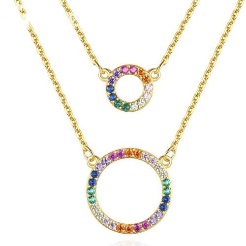 JQUEEN 925 Sterling Silver Geometric Double Circle Pendant Necklace Cross Chain with Color Rainbow Zircon Women Necklace