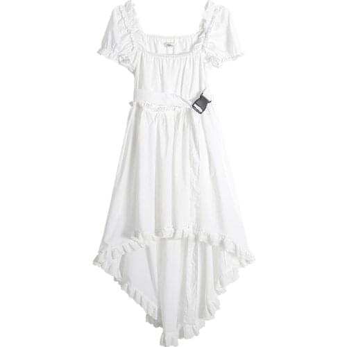 PERHAPS U Casual White Sash Slash Neck Puff Short Sleeve Knee Length Solid Dress Vintage Ruffle D1786