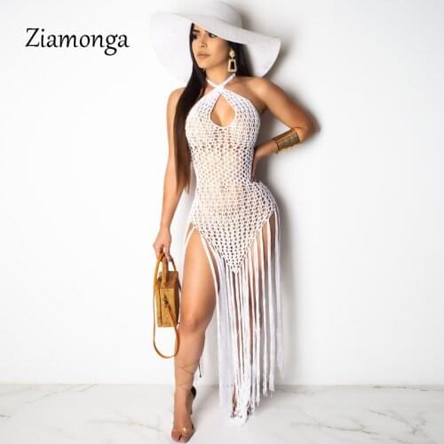 Ziamonga Sexy Fish Net Tassel Bikini Cover Up Beach Dress Women 2019 Summer Hollow Out Knit Crochet Tunic Swim Suit Beach Wear