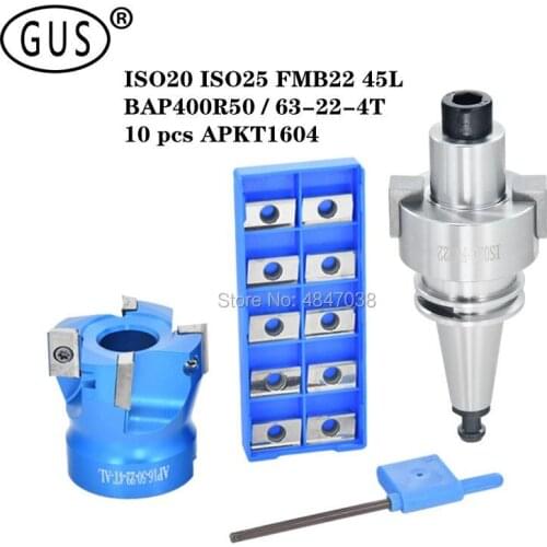 1 set of toolholders ISO20 ISO25 FMB22 45L + BAP400R50 / 63-22-4T face milling cutter head + 10 pieces APKT1604 carbide blade
