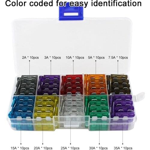 100pcs Assortment Car Standard Blade Fuses 2A 3A 5A 7.5A 10A 15A 20A 25A 30A 35A for Vehicle Motorcycle Boat Truck