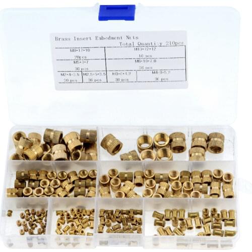 210pcs/box M2 M2.5 M3 M4 M5 M6 M8 M10 Brass Cylinder Knurled Threaded Round Insert Embedded Nuts Kit with Plastic Box