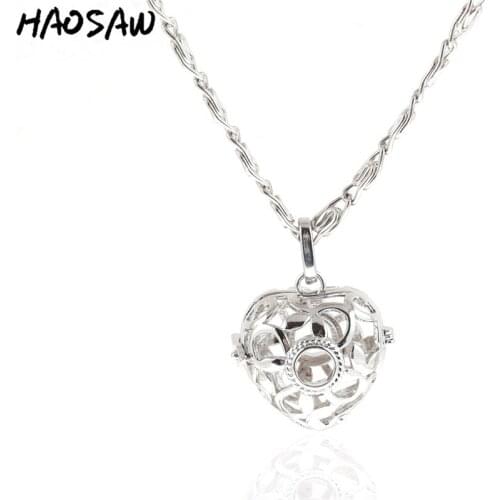 28mm Vintage Necklace Rhodium Heart Shape Hollow Cage Long Fashion Elegant Pendant For Women Gift Necklace Jewelry Findings