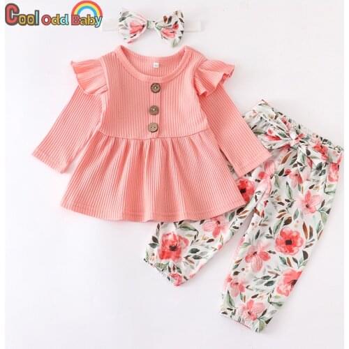 3Pcs Newborn Infant Clothing Cute Baby Girls Clothes Pink Buttons Tops Floral Print Pants Headband Spring Toddler Outfits Set