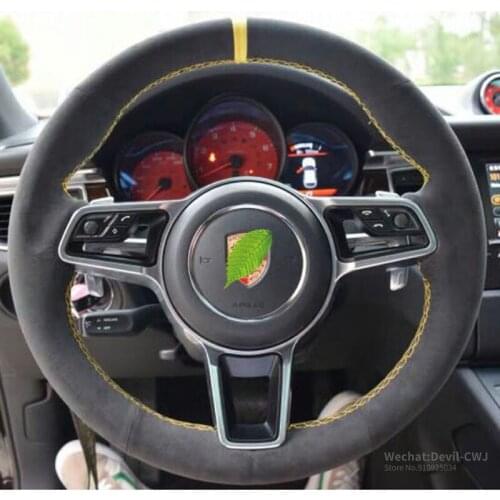 Black Suede Leather Steering Wheel Cover For Porsche Macan Cayenne 2015-2016 Yellow Mark And Yellow Stitch Grip Cover Auto part