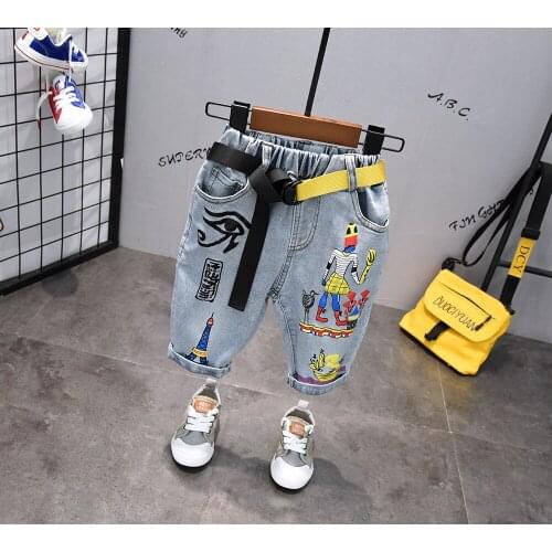 Childrens Jeans Fashion New Kids Boys Casual Denim Pants Baby Boys Jeans Pants with Belt Toddler Printed Cowboy Trousers 2-7Y